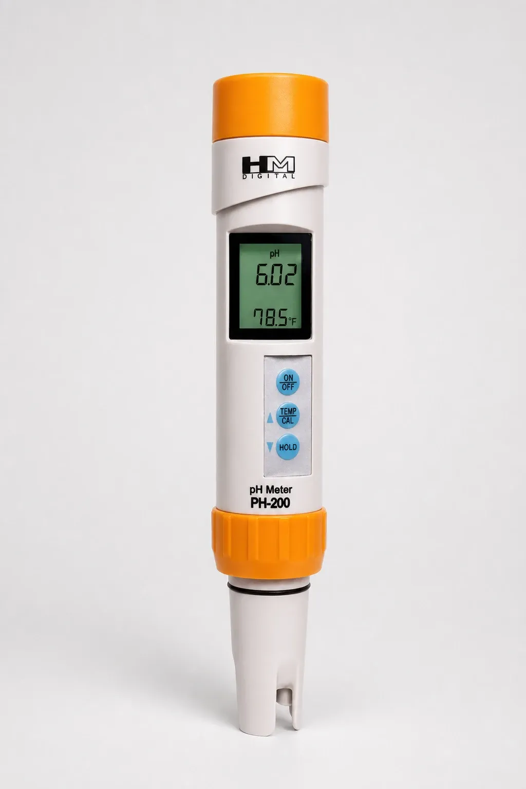 Professional waterproof pH and temperature meter with clear display and buttons, designed for accurate liquid testing.